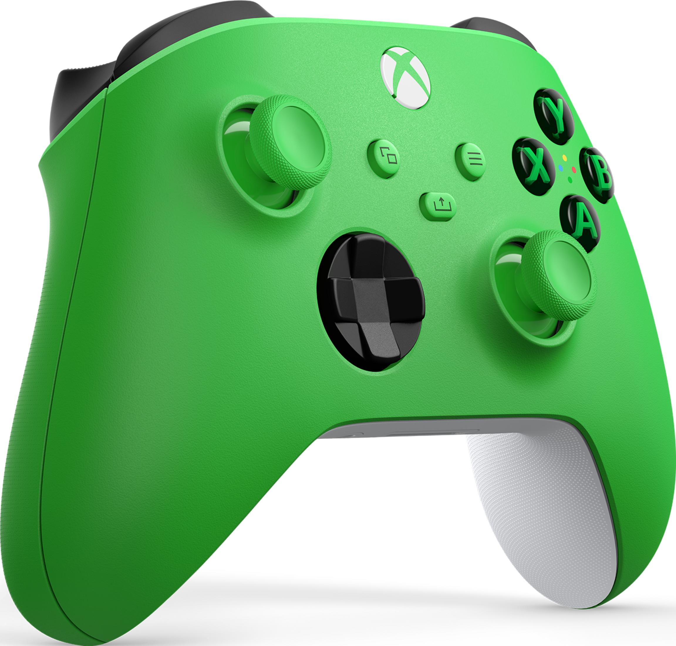 Un controller Xbox verde con pulsanti neri e una sezione di impugnatura bianca.