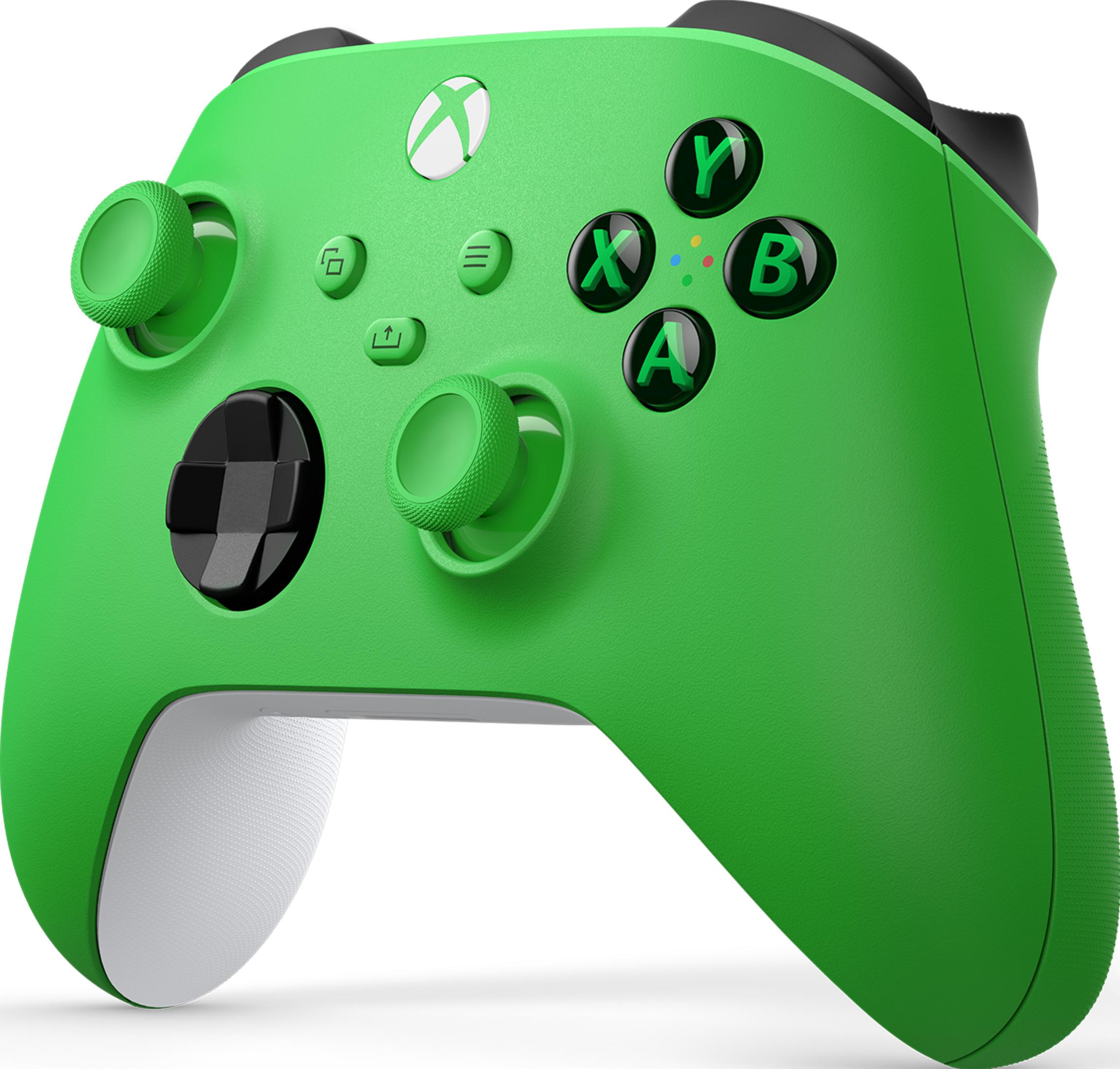 Un controller Xbox verde brillante con pulsanti neri e accenti bianchi.