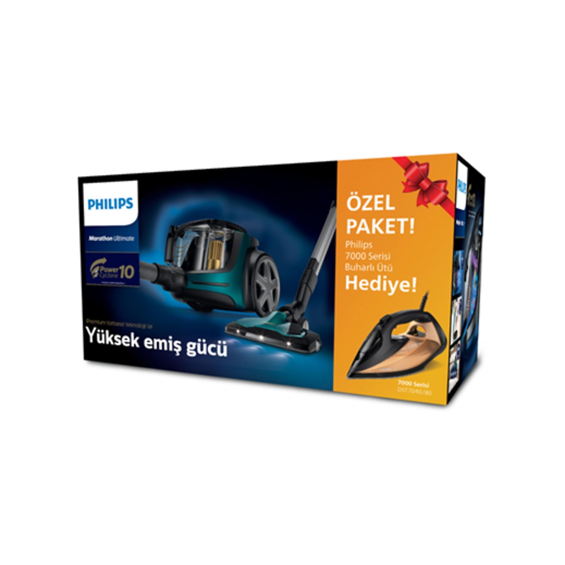 Philips elektrik süpürgesi ve ütü 'özel paket' içinde, koyu arka plan.