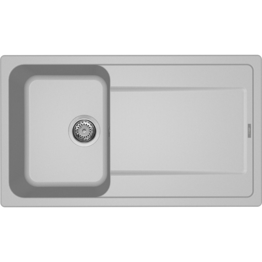 Lavello grigio con una vasca e un piano di scolo.