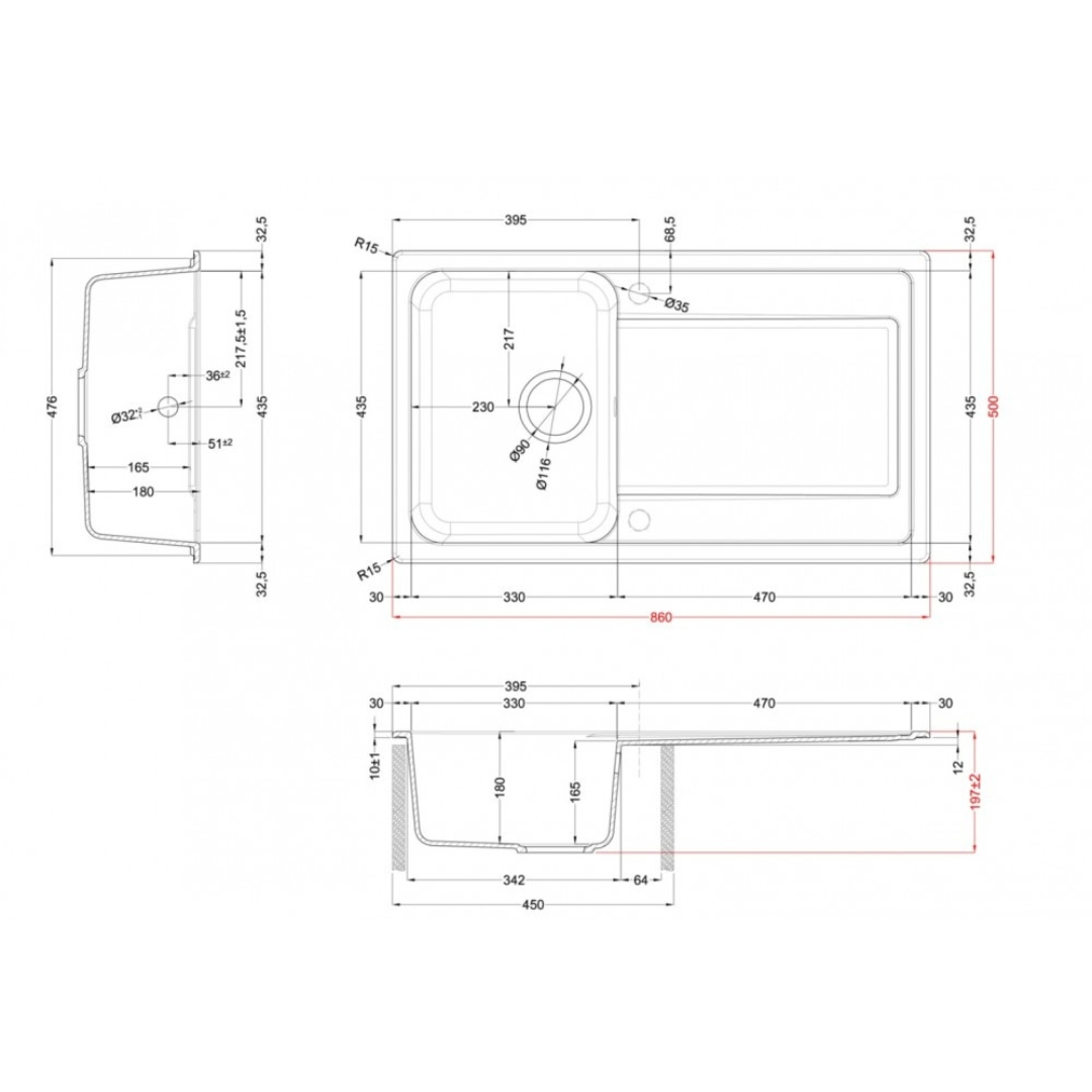 Disegno tecnico di un lavello con dimensioni.