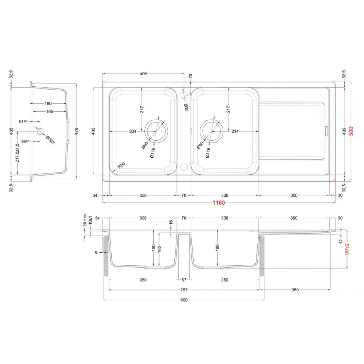 Disegno tecnico di un doppio lavello con dimensioni e viste.