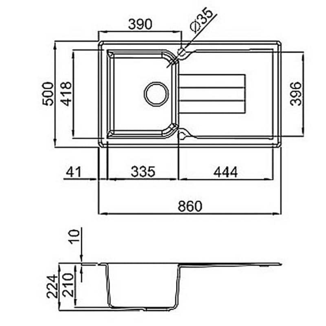 Disegno tecnico di un lavello rettangolare con dimensioni e vista laterale. Foro rubinetto incluso.