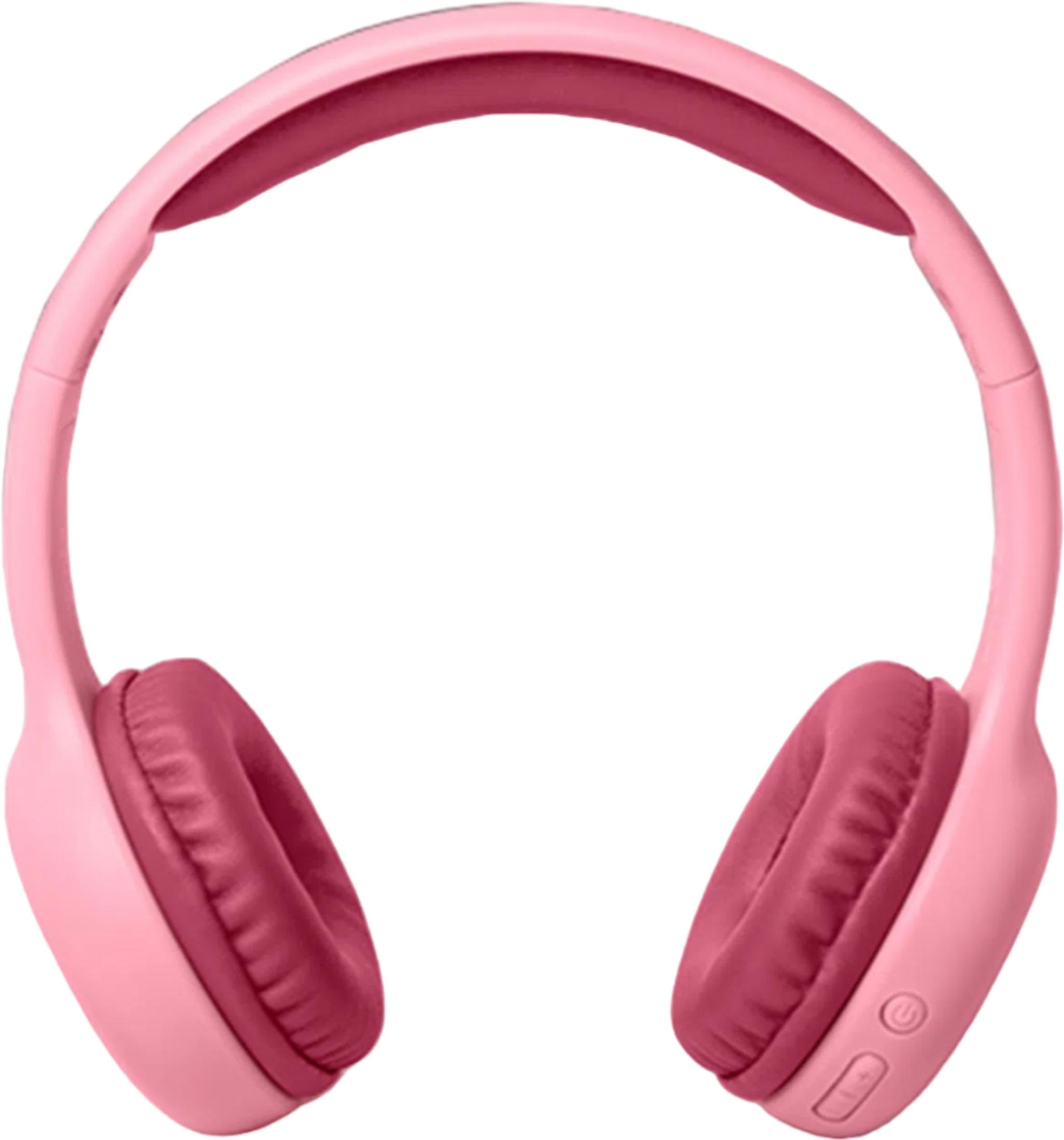 Różowe słuchawki z ciemnoczerwonymi nausznikami i przyciskami.