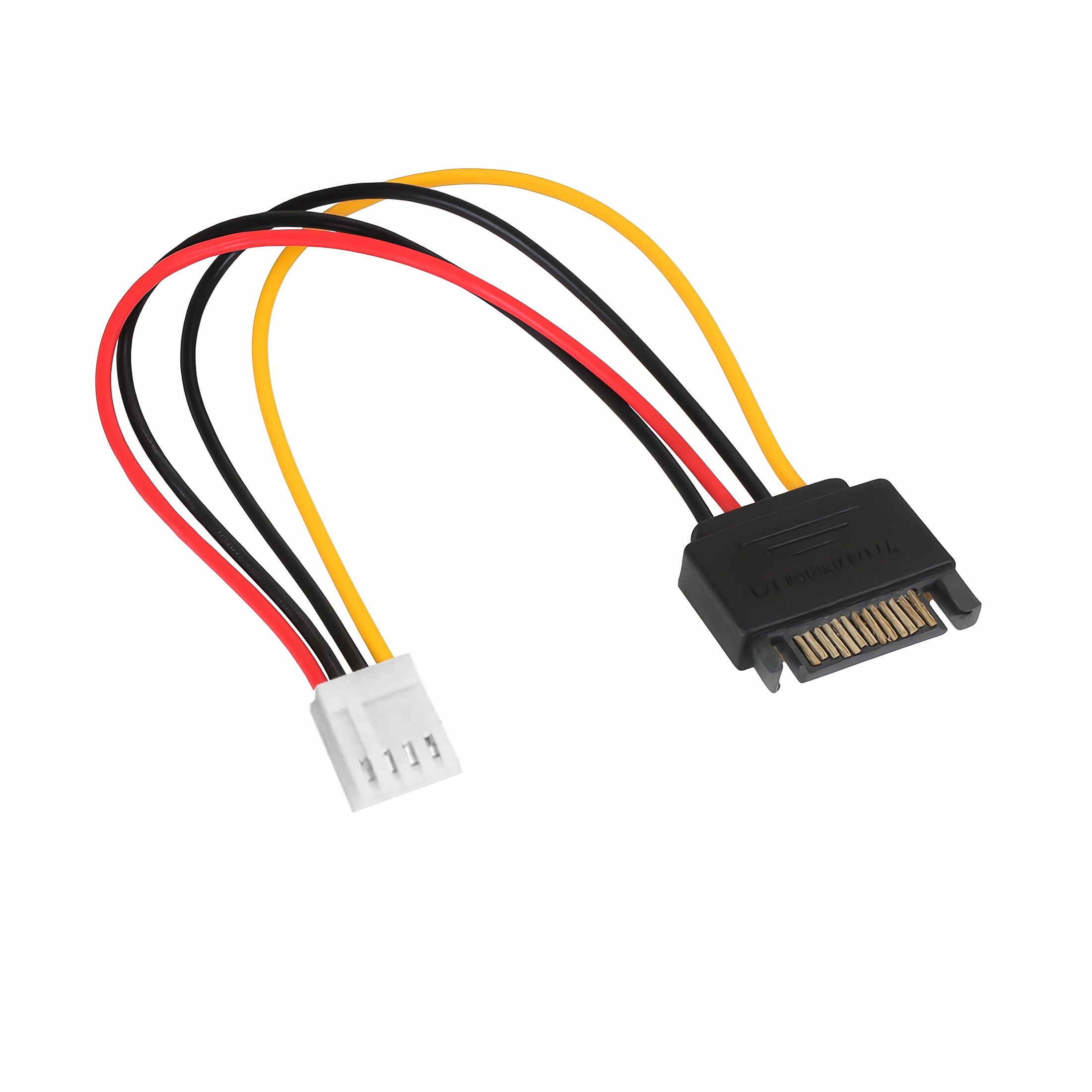 Ein weißer Stecker mit drei roten, schwarzen und gelben Kabeln, die zu einem schwarzen SATA-Anschluss führen.