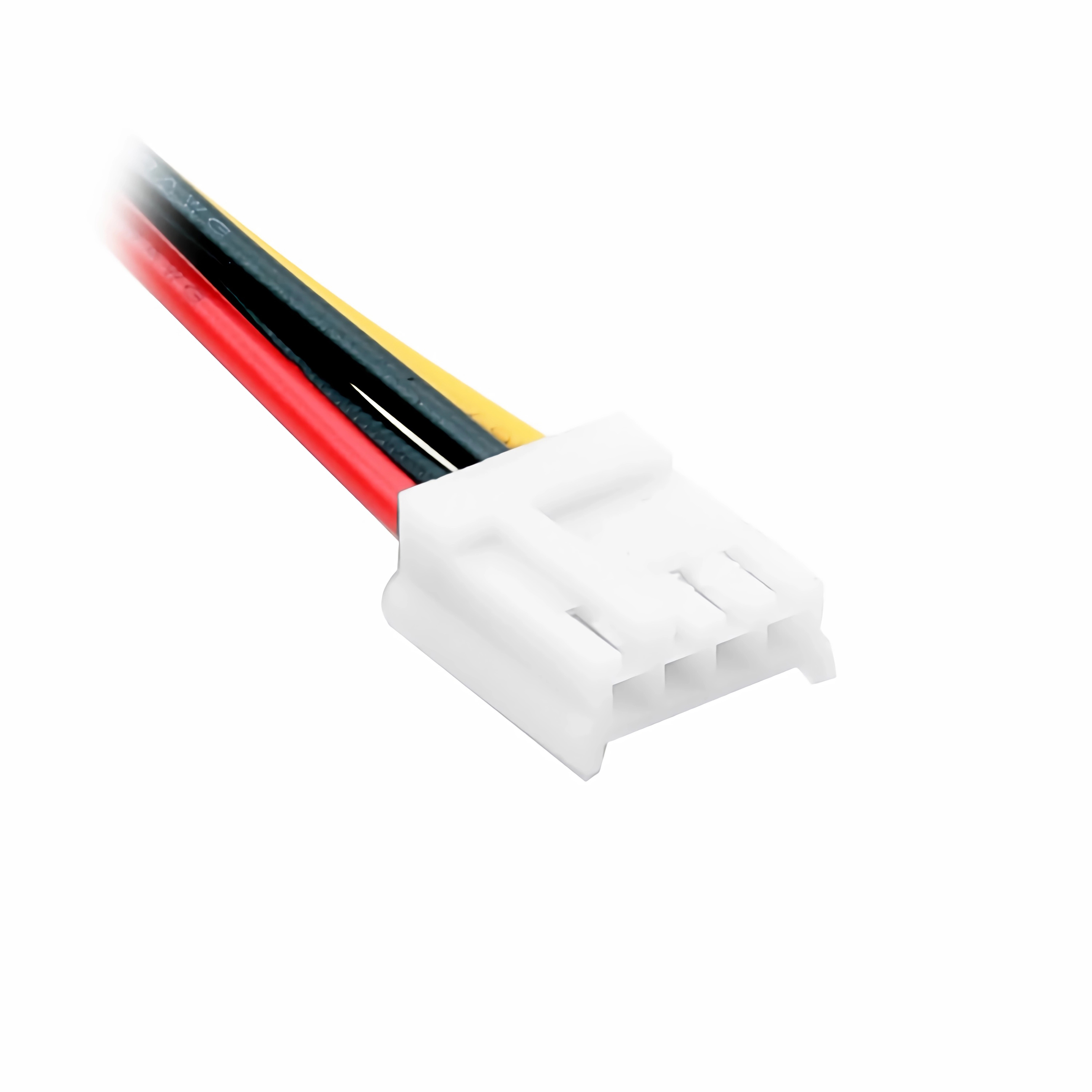 Ein weißer 3-poliger Stecker mit roten, schwarzen und gelben Kabeln.