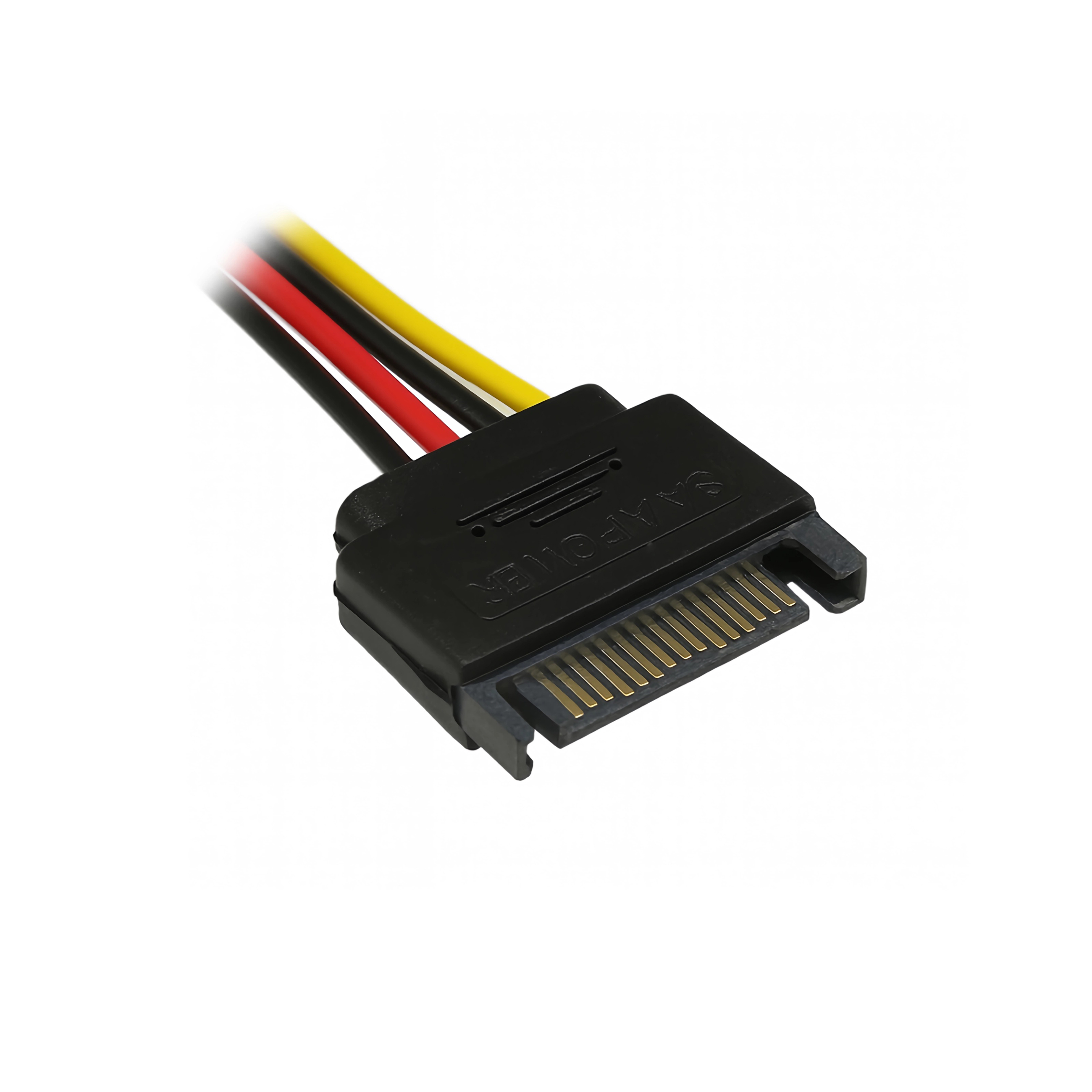 Ein schwarzer SATA-Stromadapter mit gelbem, rotem und schwarzem Kabel.