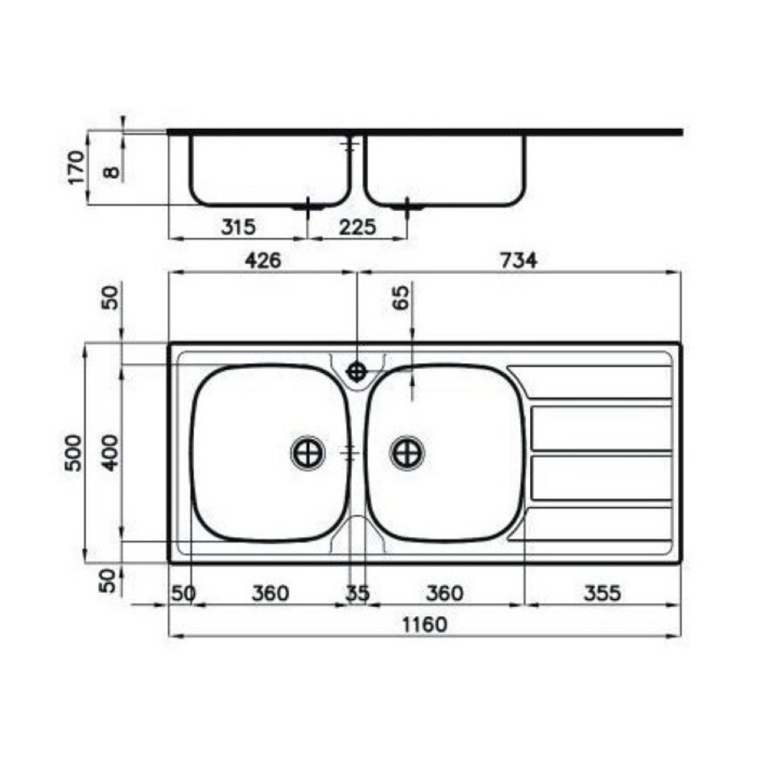 Disegno tecnico di un lavello doppio con misure e dimensioni.