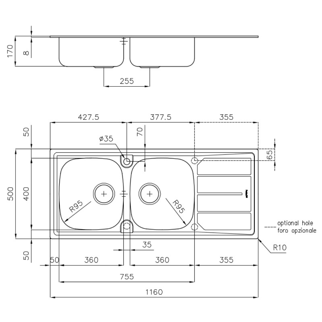 Disegno tecnico di un lavello doppio con dimensioni e foro opzionale.