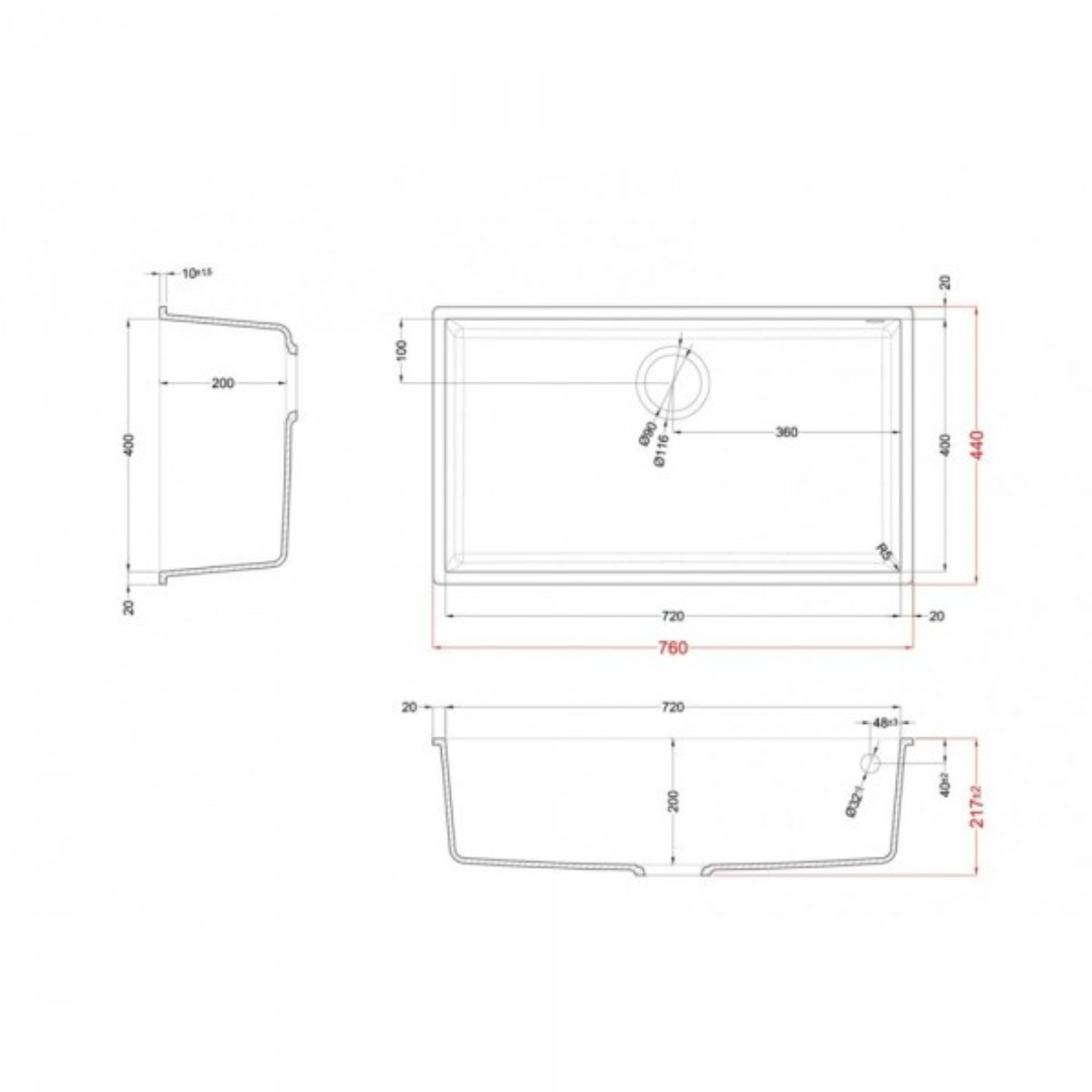 Disegno tecnico di un lavello con dimensioni.