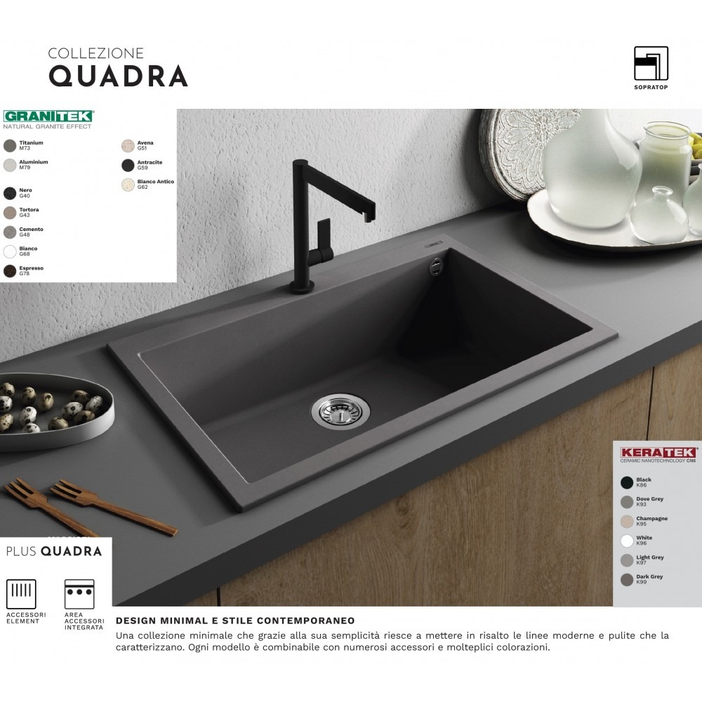 Un lavello moderno scuro con rubinetto nero e accessori su un piano di lavoro.