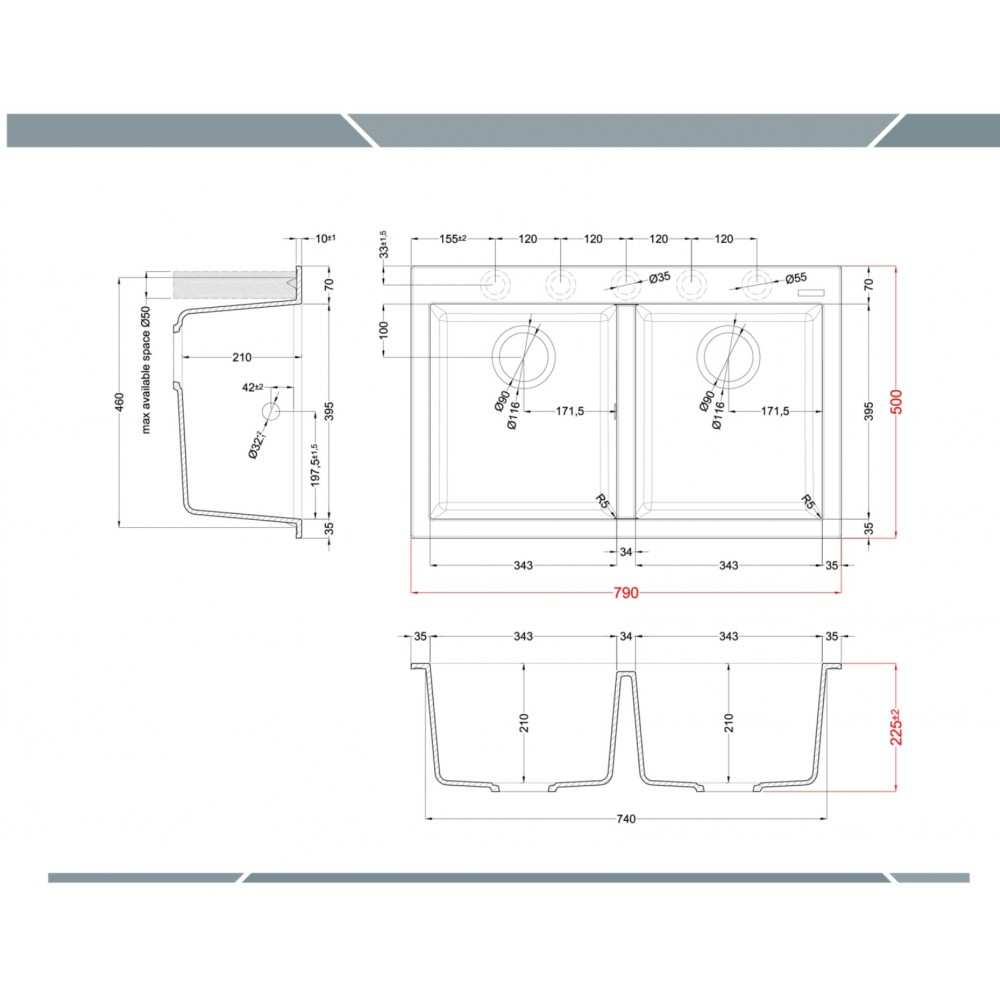Disegno tecnico di un lavello doppio con dimensioni e dettagli.
