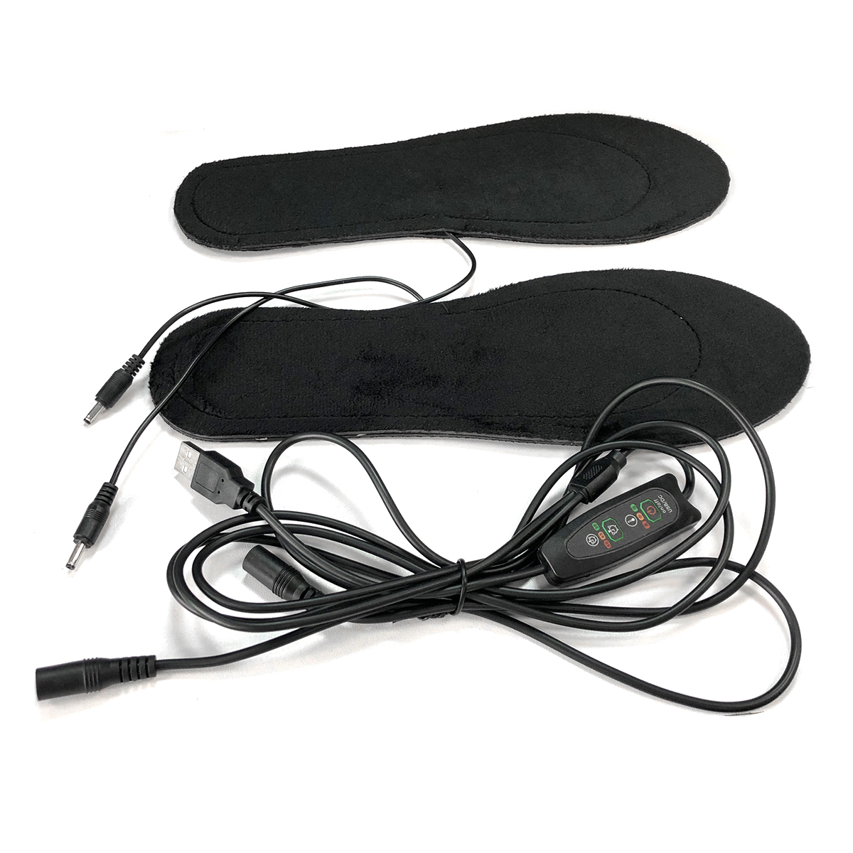 Plantillas calefactoras negras con cables y controlador USB sobre fondo blanco.