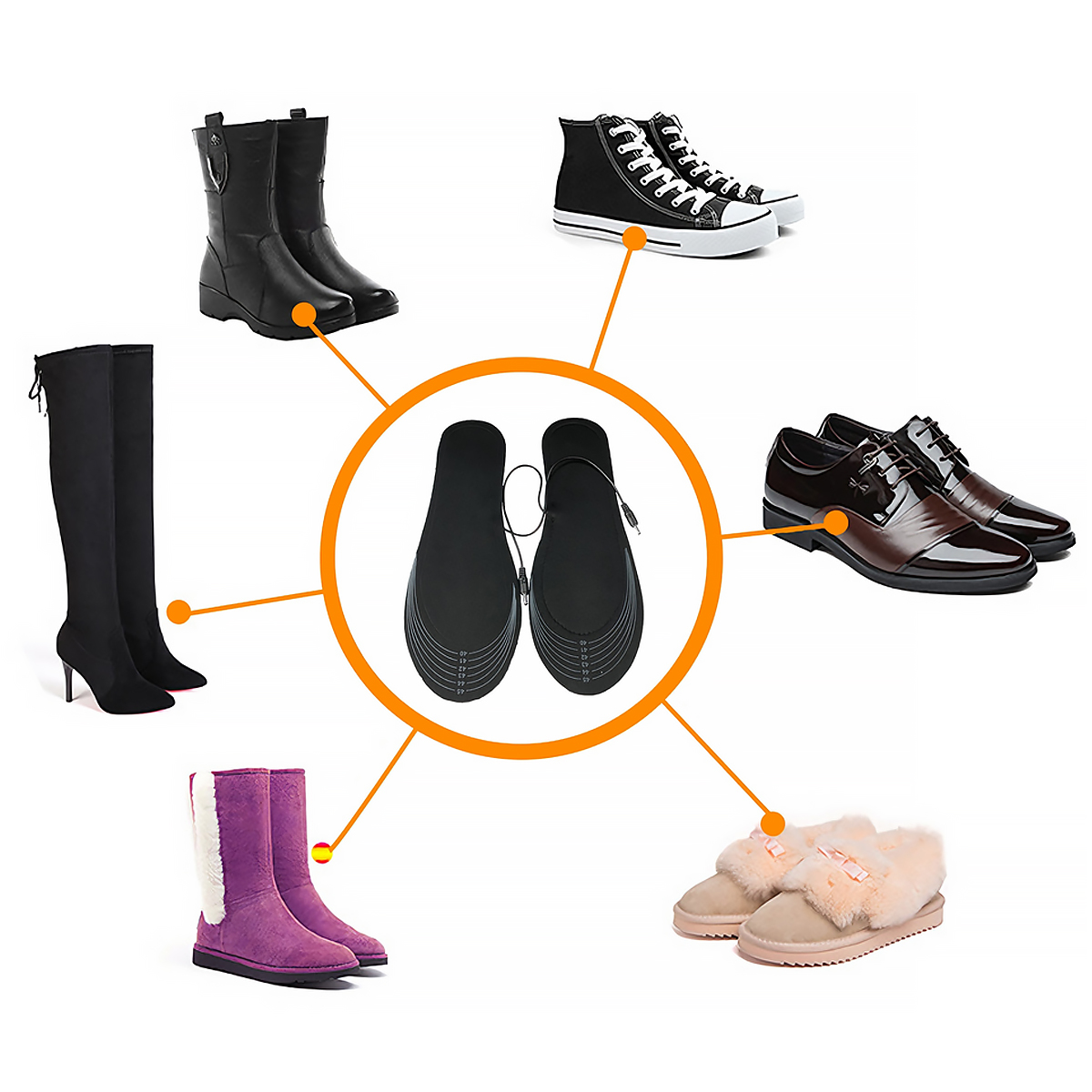 Botas negras, zapatillas, zapatos de vestir, pantuflas, botas y plantillas.
