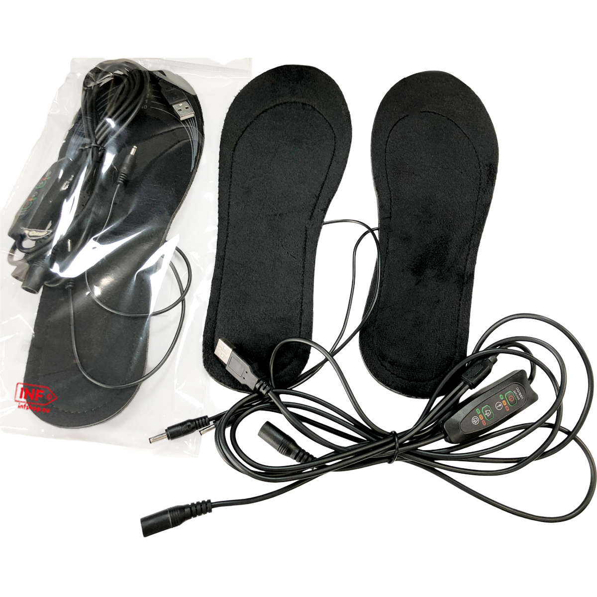 Plantillas calefactables negras con cable USB y controlador.