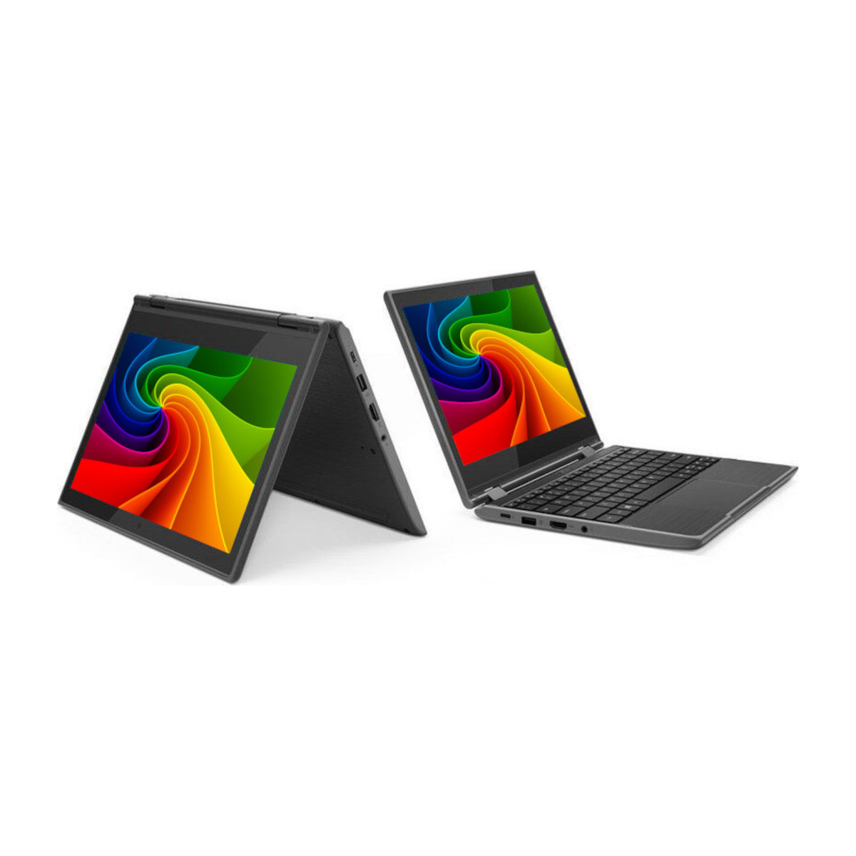 Zwei schwarze Laptops mit Regenbogen-Display auf weißem Hintergrund.