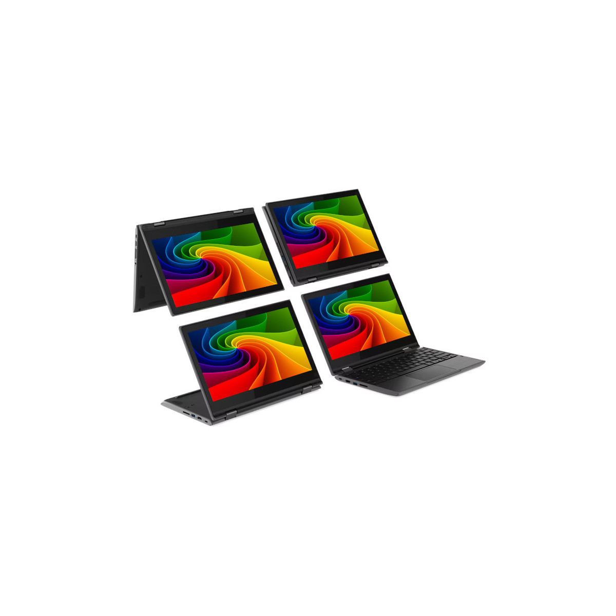 Vier geschlossene Laptops mit bunten Wirbelbildschirmen auf weißem Hintergrund.