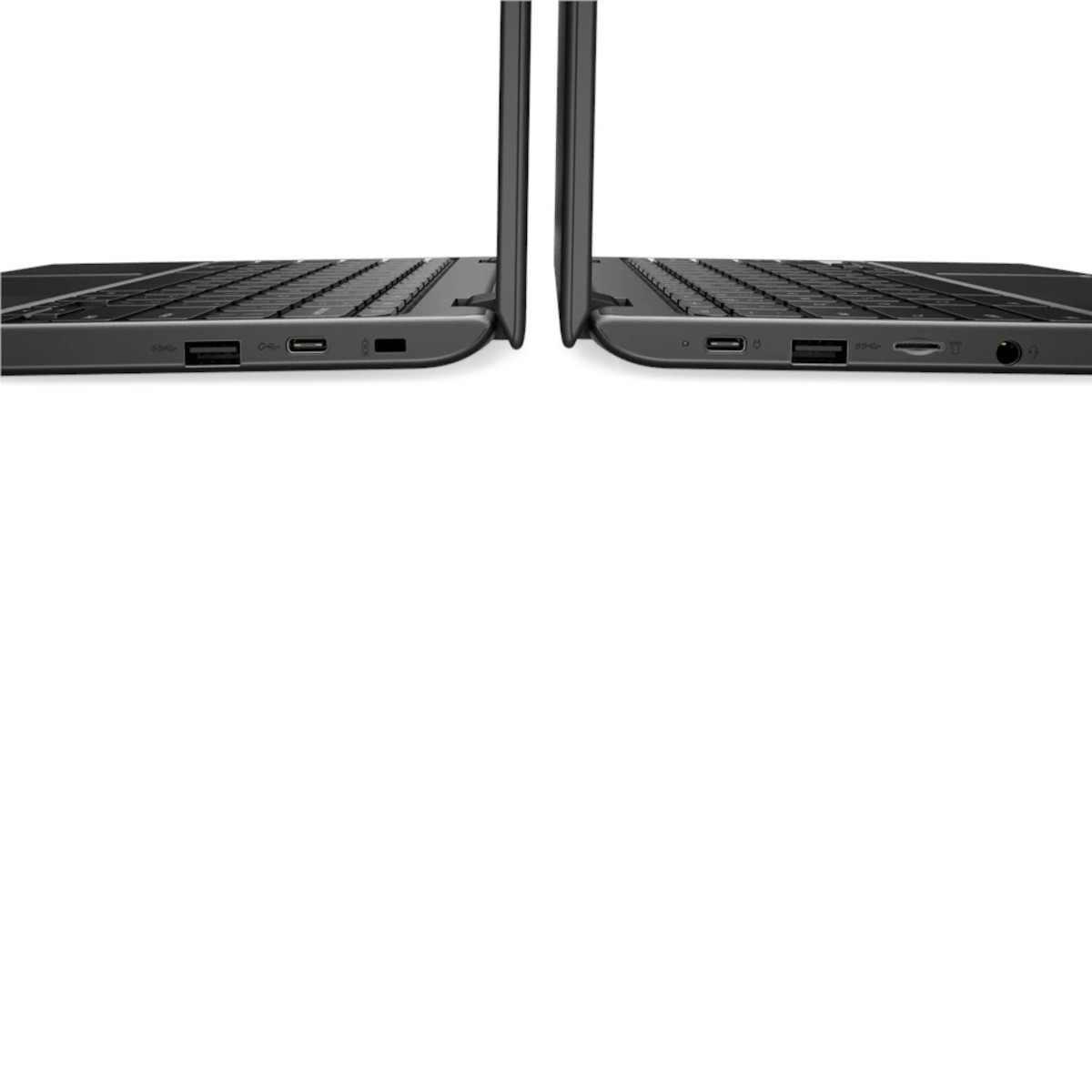 Zwei Laptops von der Seite, mit USB-C und USB-A Anschlüssen.