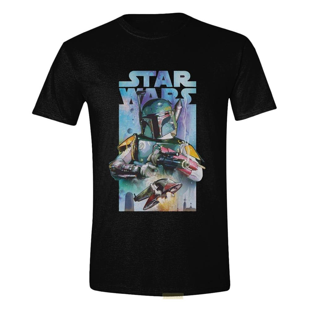 Ein schwarzes T-Shirt mit einem Star Wars-Aufdruck von Boba Fett und seinem Schiff.