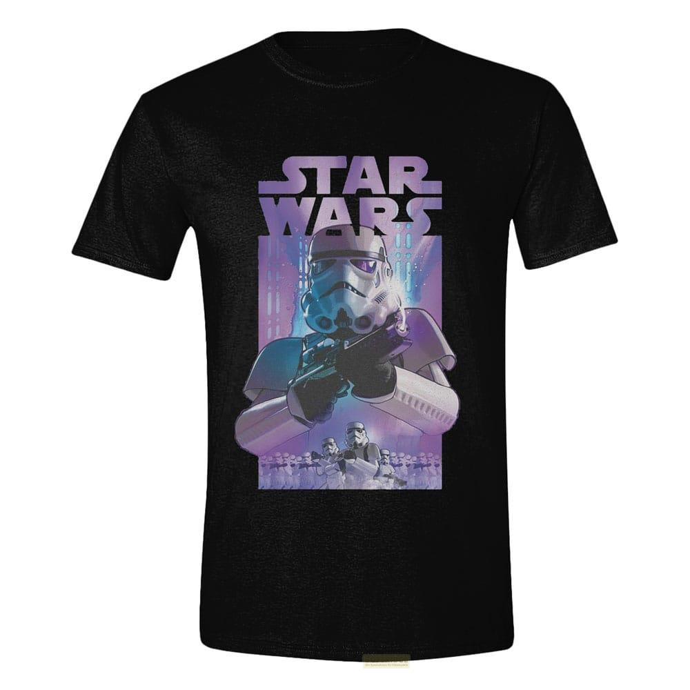 Ein Sturmtruppler aus Star Wars hält eine Waffe, mit Truppen im Hintergrund.