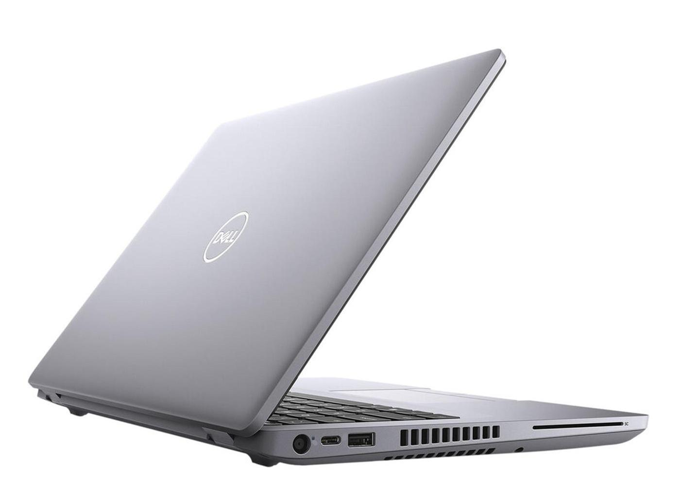 Silberner Dell Laptop mit offenem Bildschirm und Tastatur, auf weißem Hintergrund.