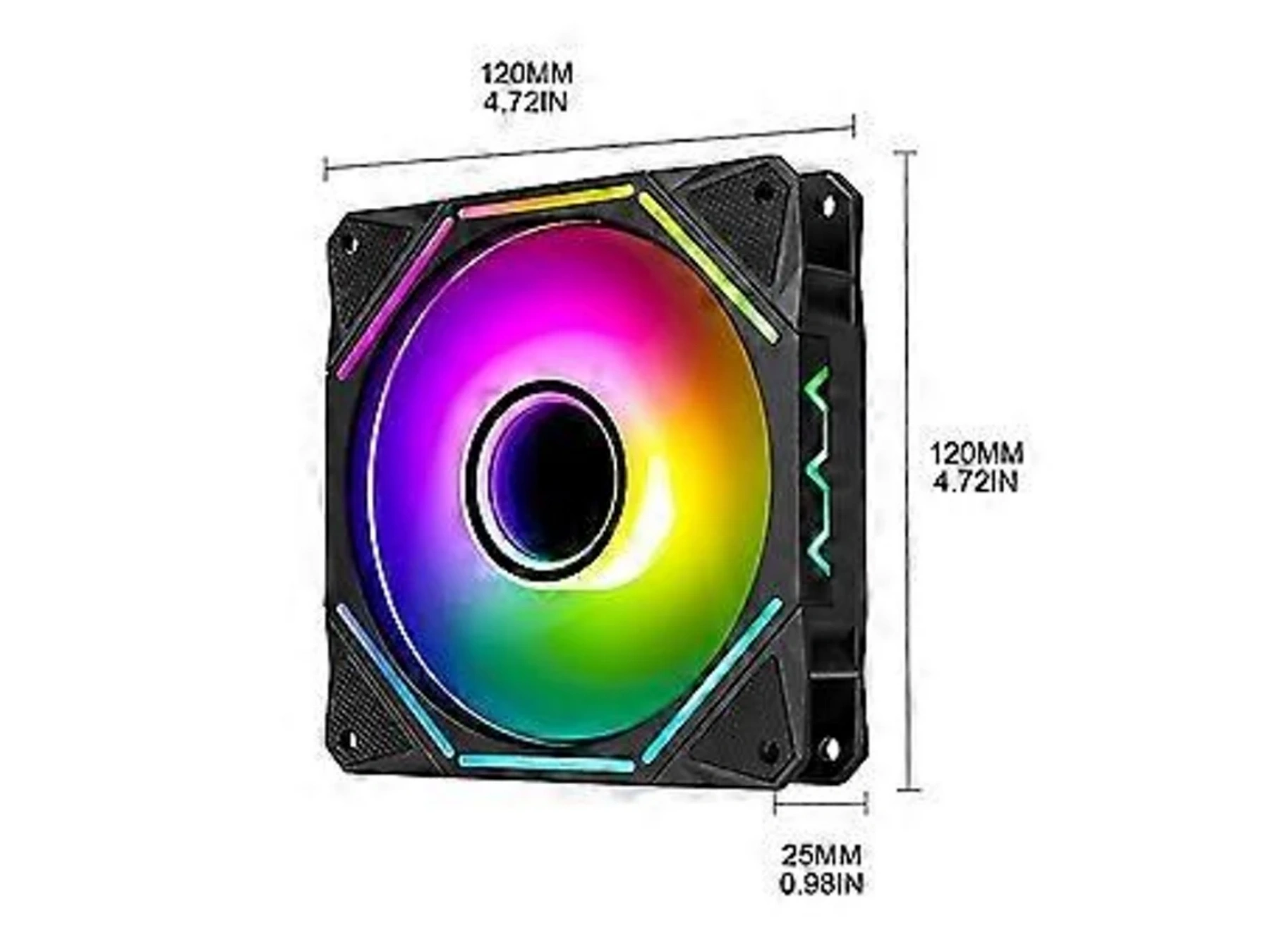 Ein schwarzer PC-Lüfter mit RGB-Beleuchtung, 120mm x 120mm x 25mm.