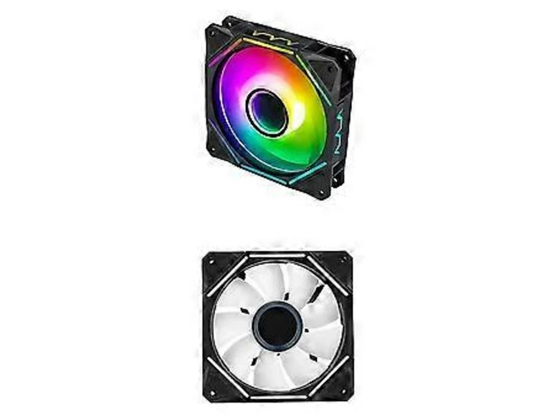 Ein RGB-Lüfter oben, ein weißer Lüfter unten, beide auf weißem Hintergrund.