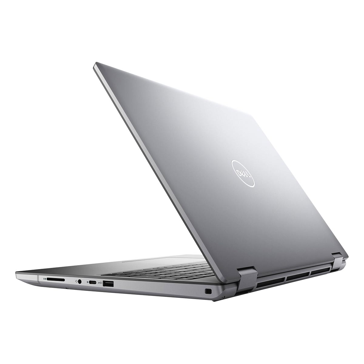 Srebrny laptop Dell jest otwarty, widoczny pod kątem na białym tle.
