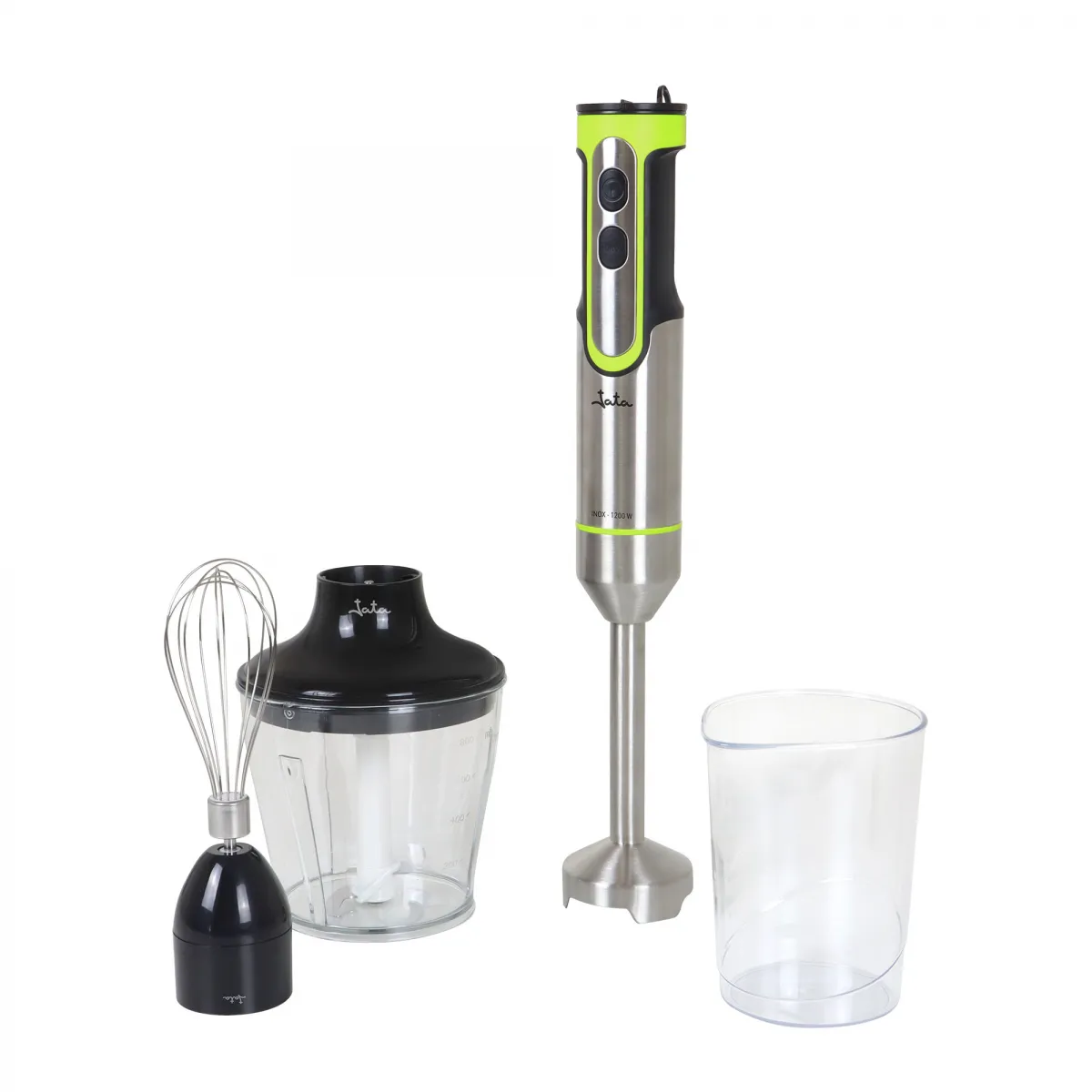 Un set di frullatore a immersione in acciaio inox con accenti verdi, include frusta, tritatutto e bicchiere.