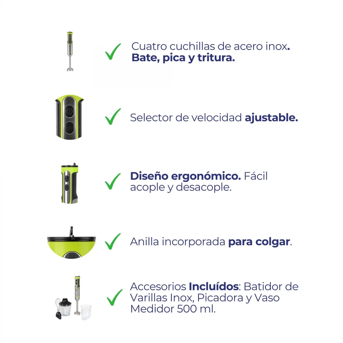 Frullatore a immersione: 4 lame in acciaio, velocità regolabile, design ergonomico, anello per appenderlo e accessori.