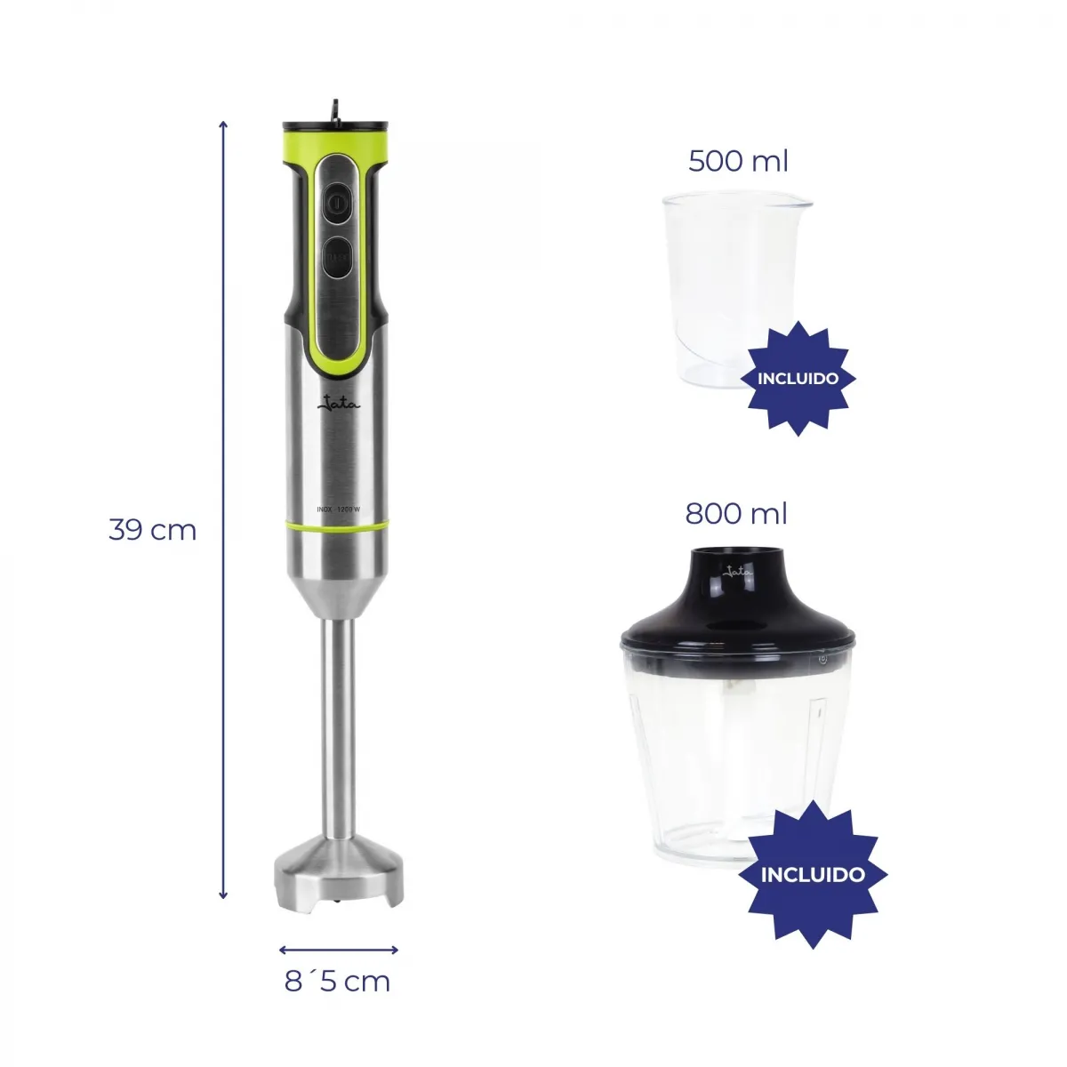Frullatore a immersione verde e acciaio inox, 39cm, con contenitori da 500ml e 800ml.