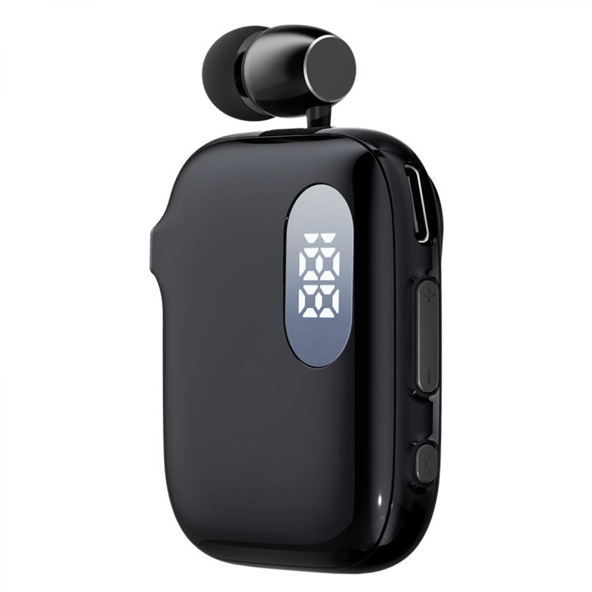 Schwarzer Bluetooth-Kopfhörer mit digitaler Anzeige und Ohrstöpsel.
