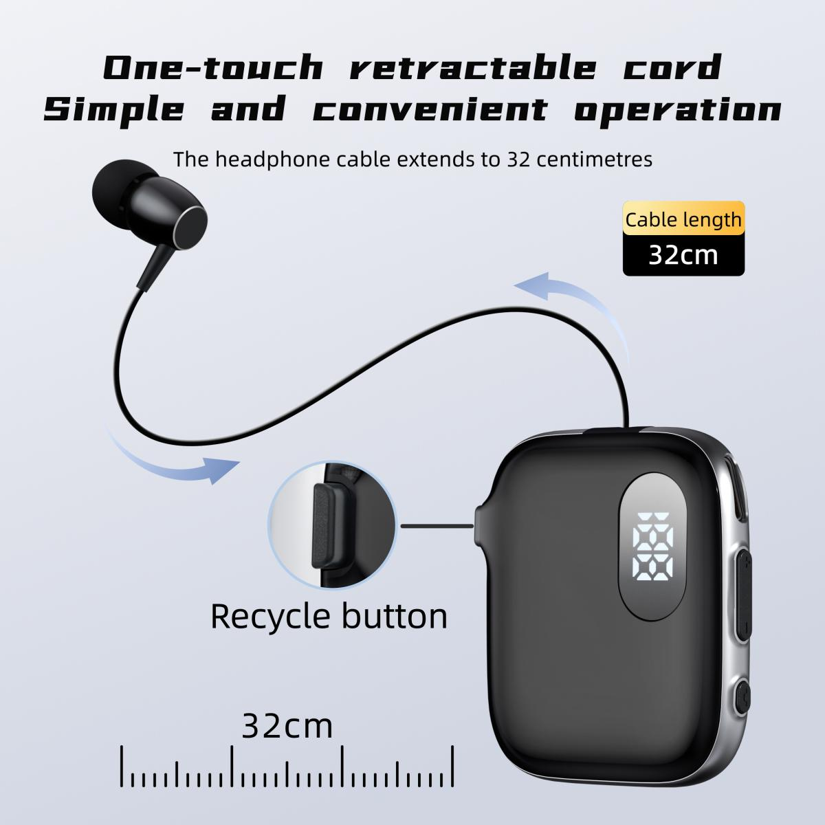 Ein schwarzer Kopfhörer mit 32cm Kabel und einer Bedieneinheit mit Recycle-Taste.