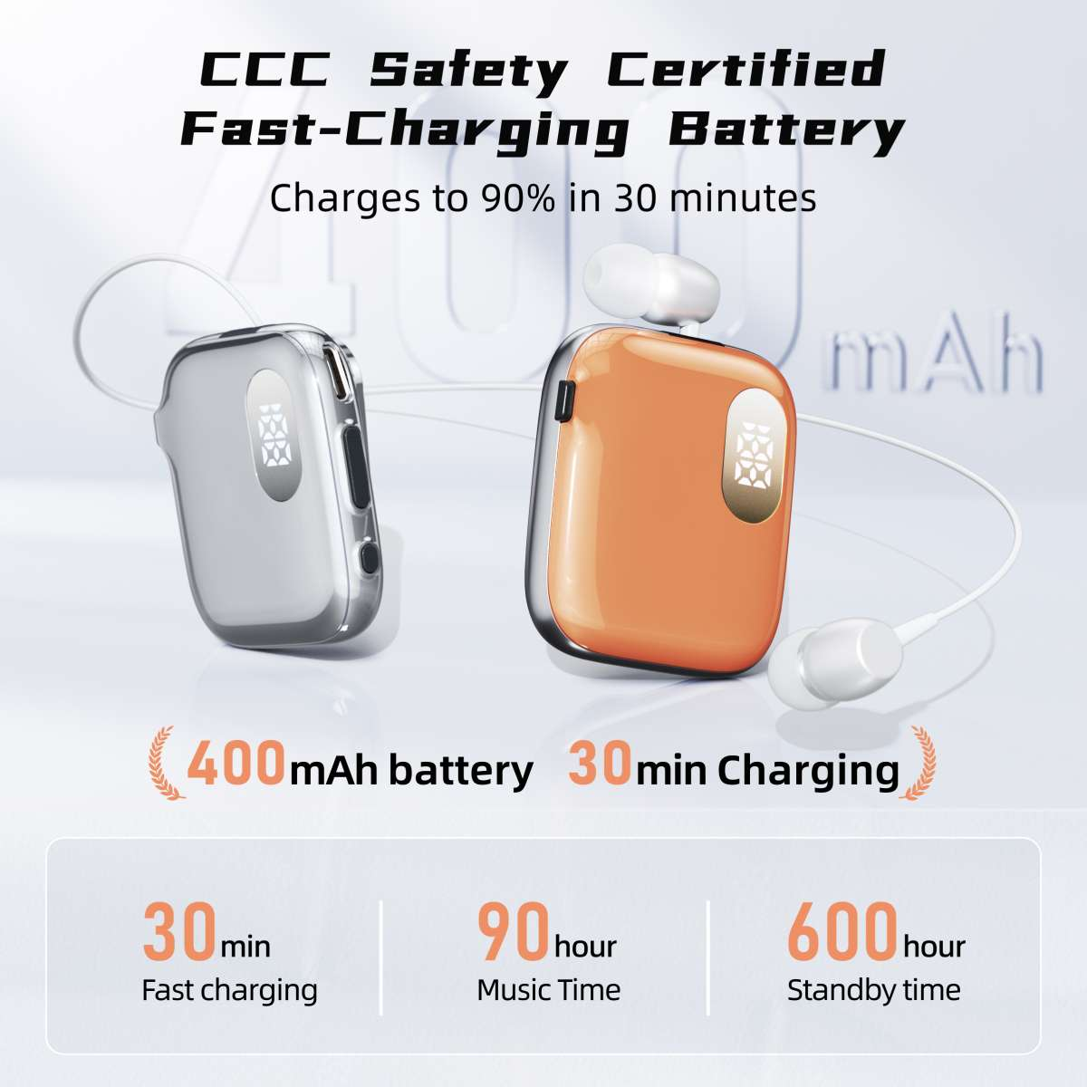 Zwei Ladecases, silber und orange, mit Ohrhörern. Text: 400mAh Akku, 30min Ladezeit.