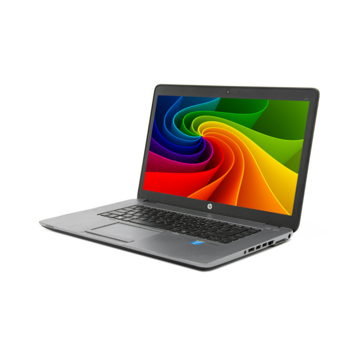 Grauer Laptop mit farbiger Wirbel-Hintergrundgrafik auf dem Bildschirm.