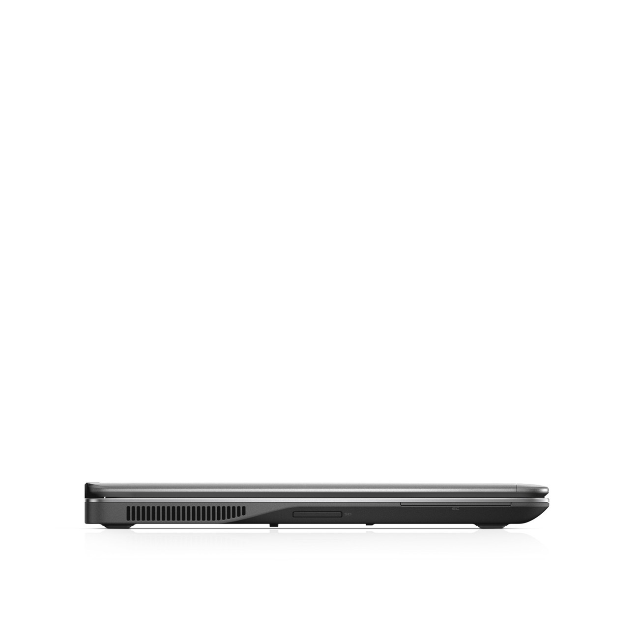 Seitenansicht eines grauen Laptops mit Lüftungsschlitzen und Anschlüssen.