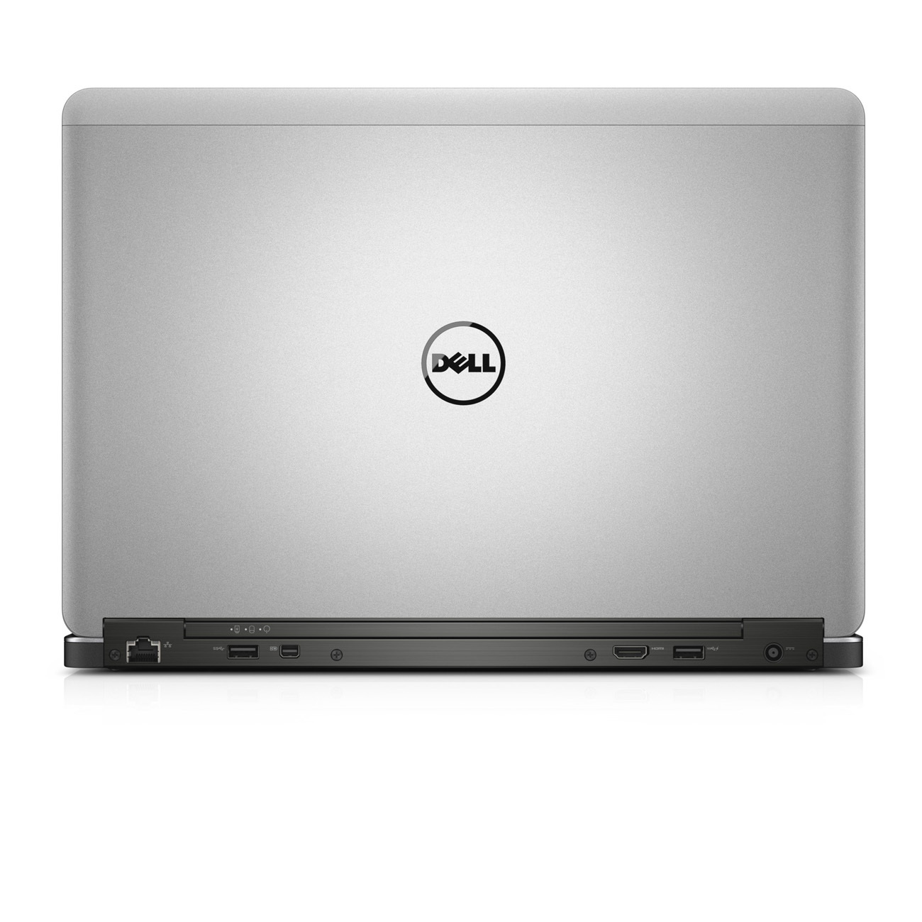 Geschlossener silberner Dell Laptop mit Logo oben und Anschlüssen unten.