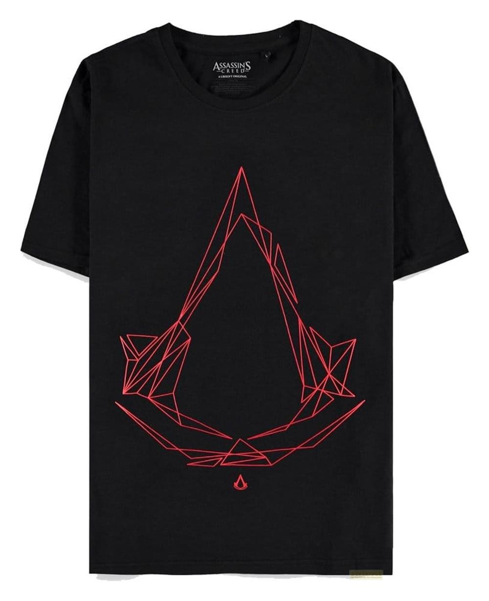 Schwarzes T-Shirt mit rotem Assassins Creed-Logo.
