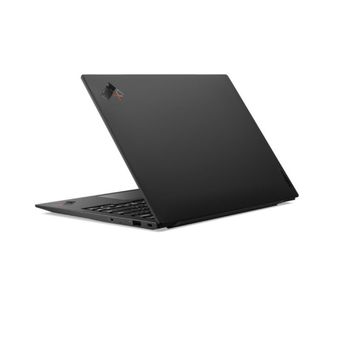 Schwarzer Laptop mit geöffnetem Deckel, Tastatur sichtbar, Logo oben links.