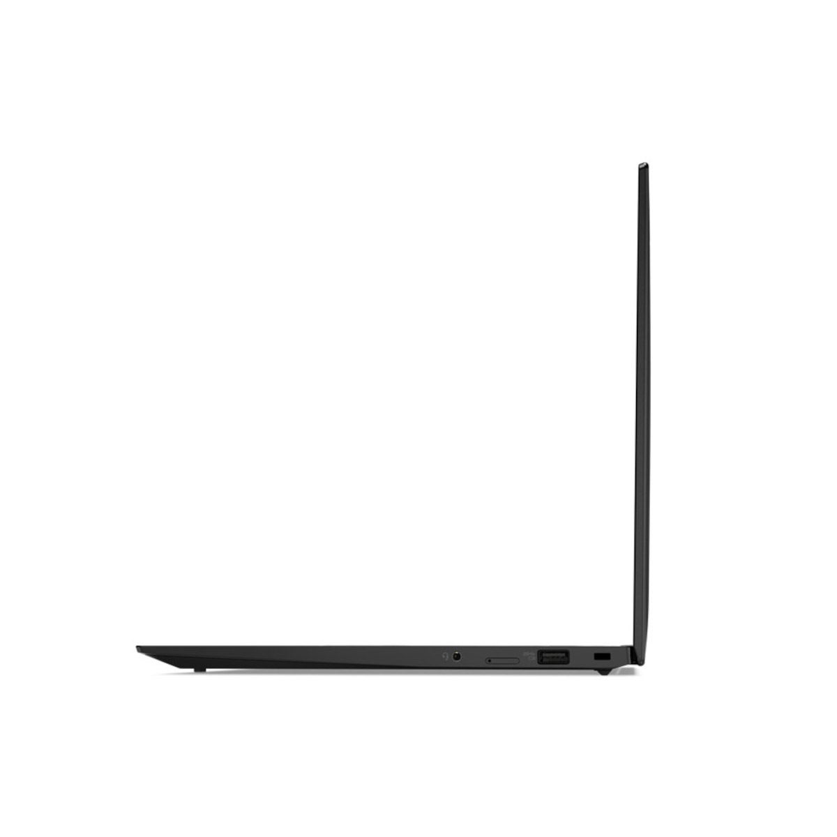 Schwarzer Laptop im Seitenprofil auf weißem Hintergrund mit USB-Anschluss.