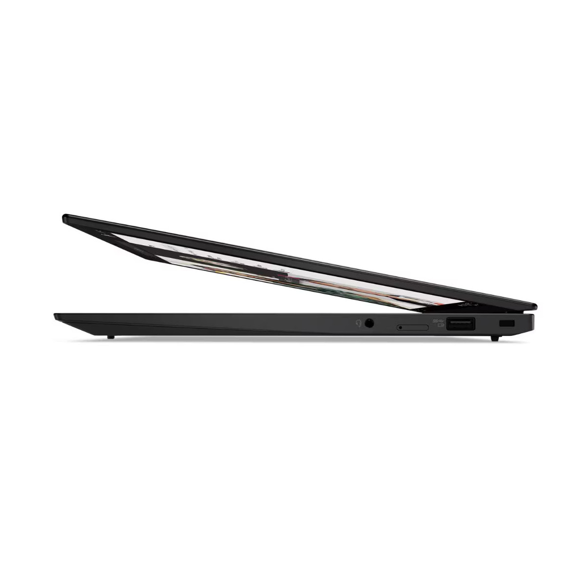 Schwarzer Laptop im Seitenprofil, leicht geöffnet, mit sichtbaren Anschlüssen.