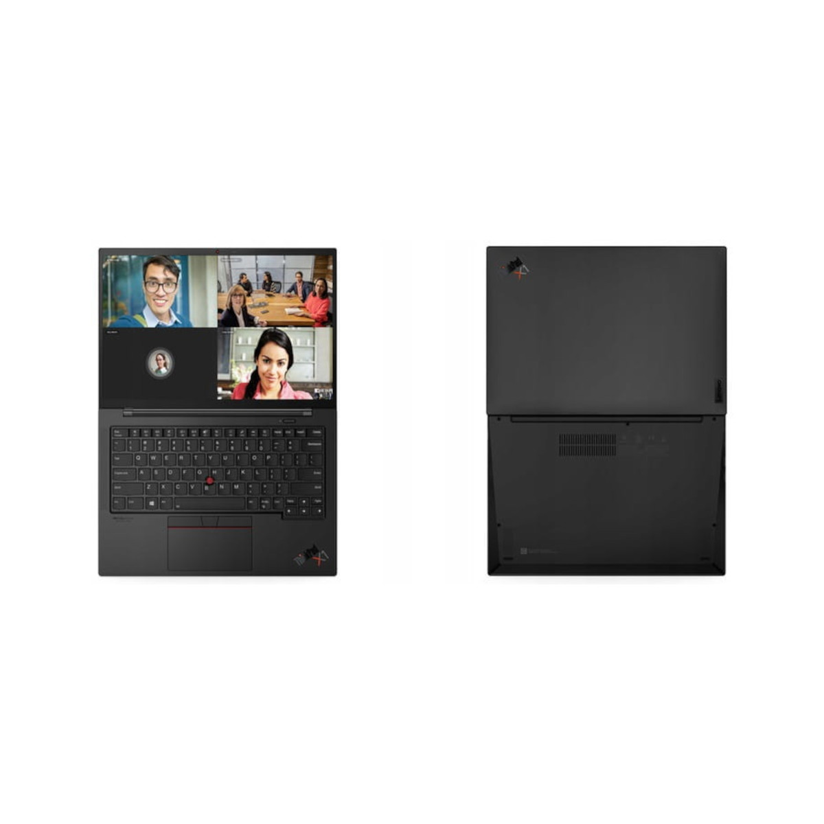 Ein geöffneter Laptop zeigt ein Videokonferenz-Meeting. Die Rückseite ist zu sehen.