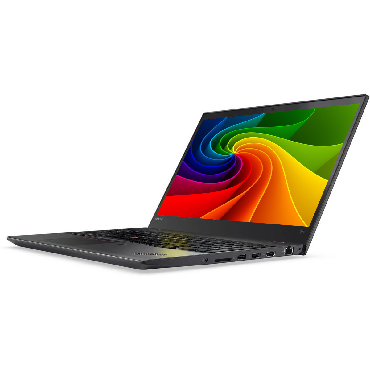 Schwarzer Laptop mit einem bunten Wirbelmuster auf dem Bildschirm.