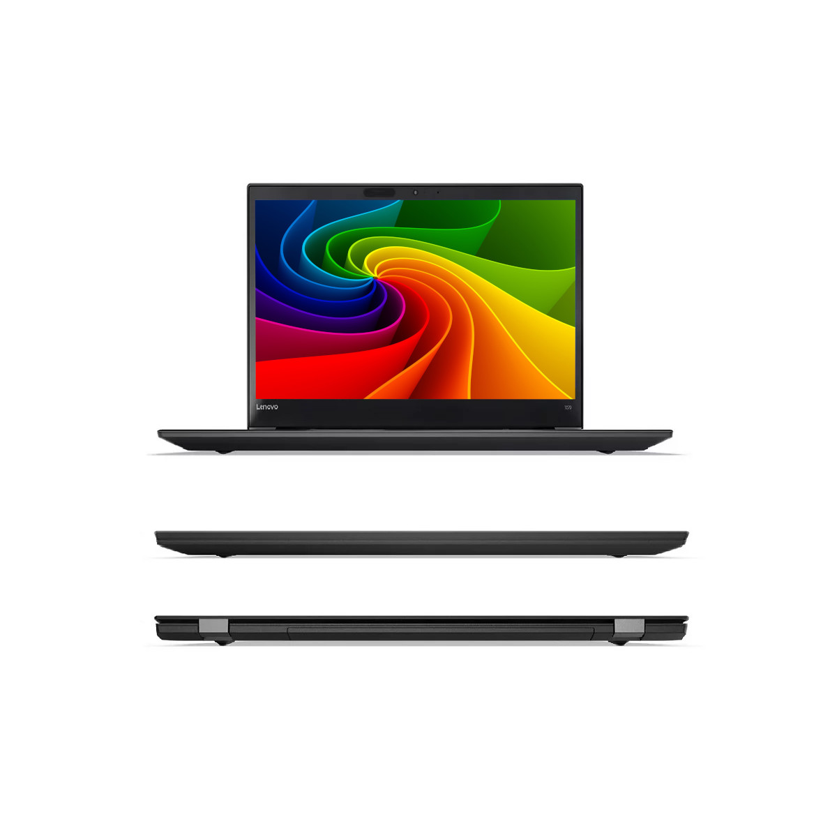 Ein geöffneter schwarzer Lenovo Laptop mit buntem Hintergrundbild.