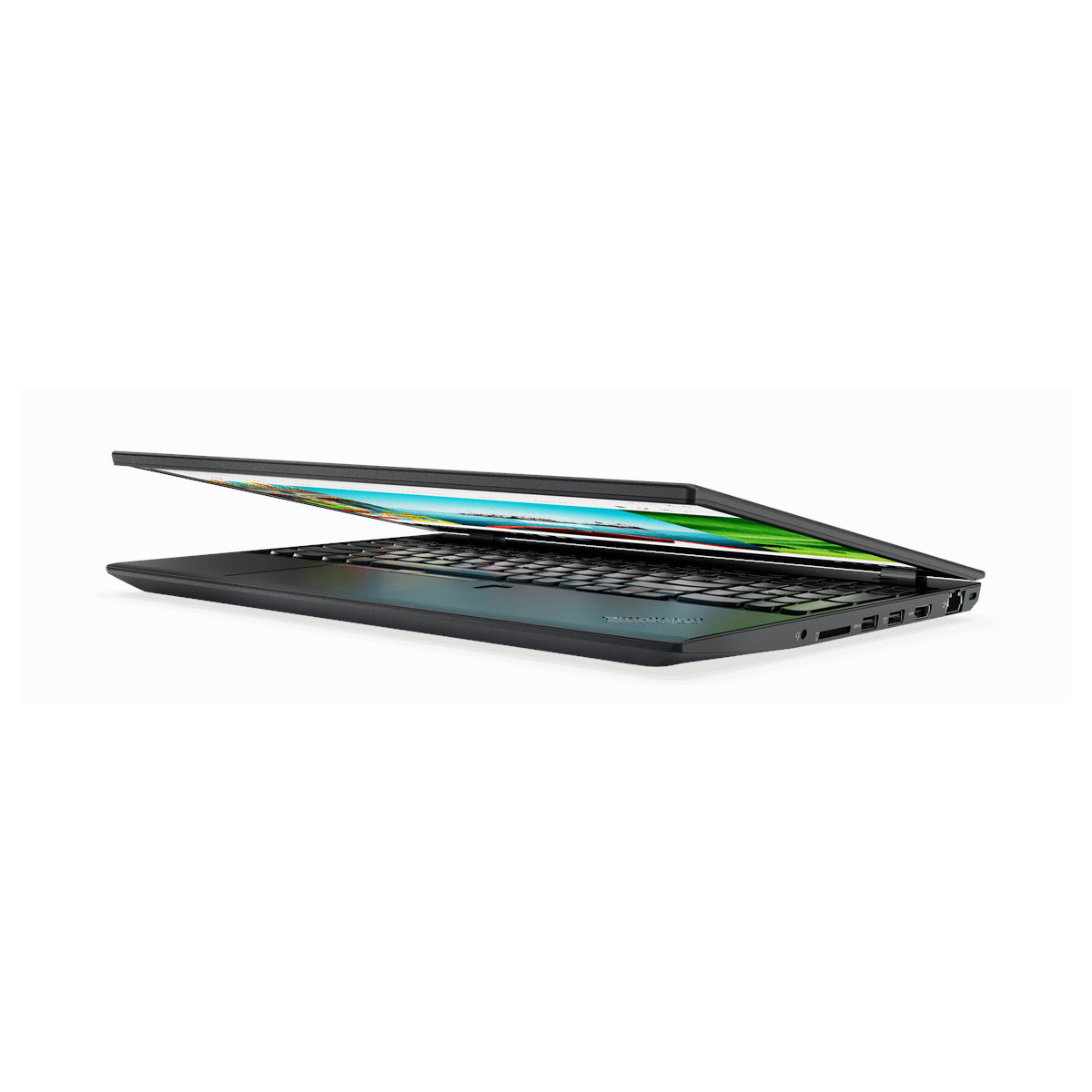Ein geöffneter schwarzer Laptop auf weißem Hintergrund, Seitenansicht.