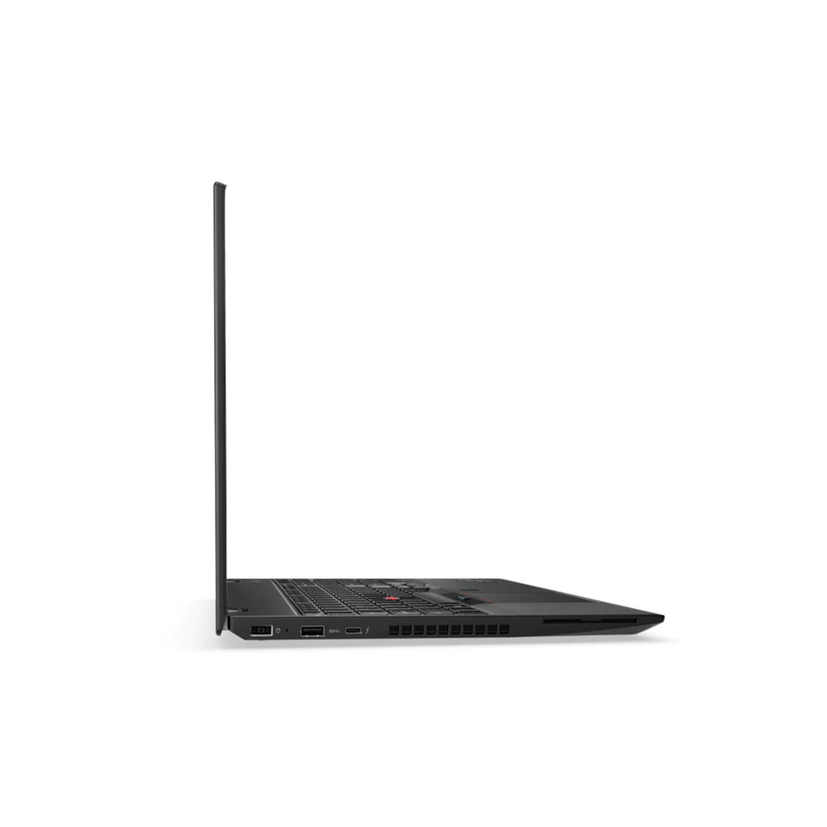 Seitenansicht eines schwarzen Laptops mit Tastatur und Anschlüssen.