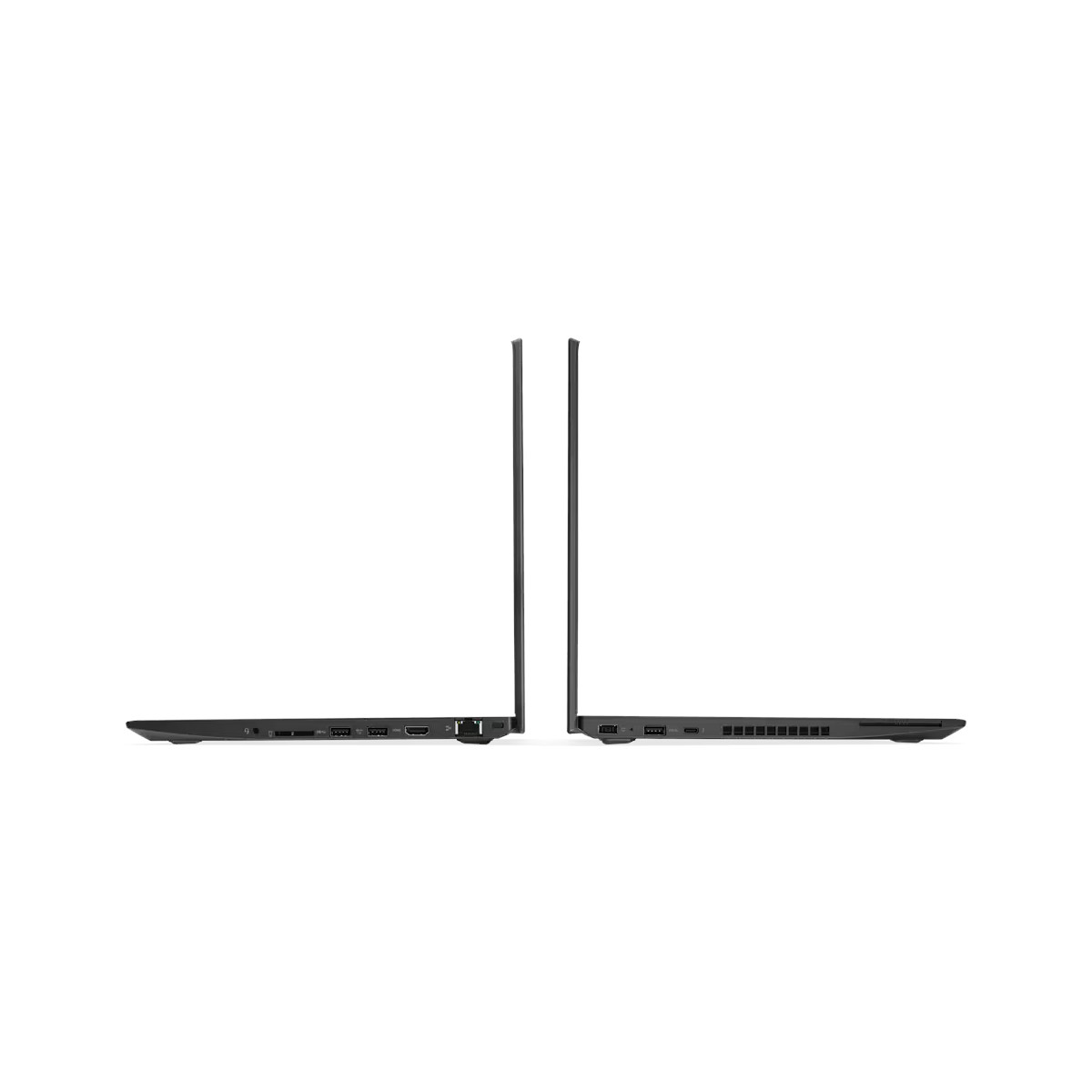 Zwei schwarze Laptops nebeneinander, Seitenansicht mit Anschlüssen.