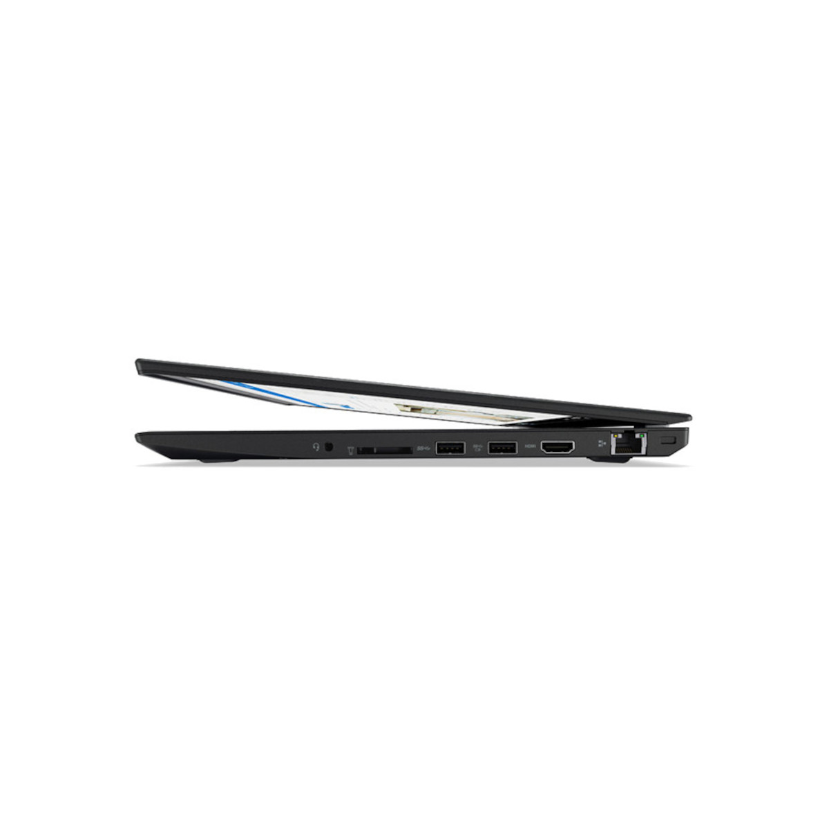 Seitliche Ansicht eines schwarzen Laptops mit geöffnetem Deckel. Anschlüsse sichtbar.