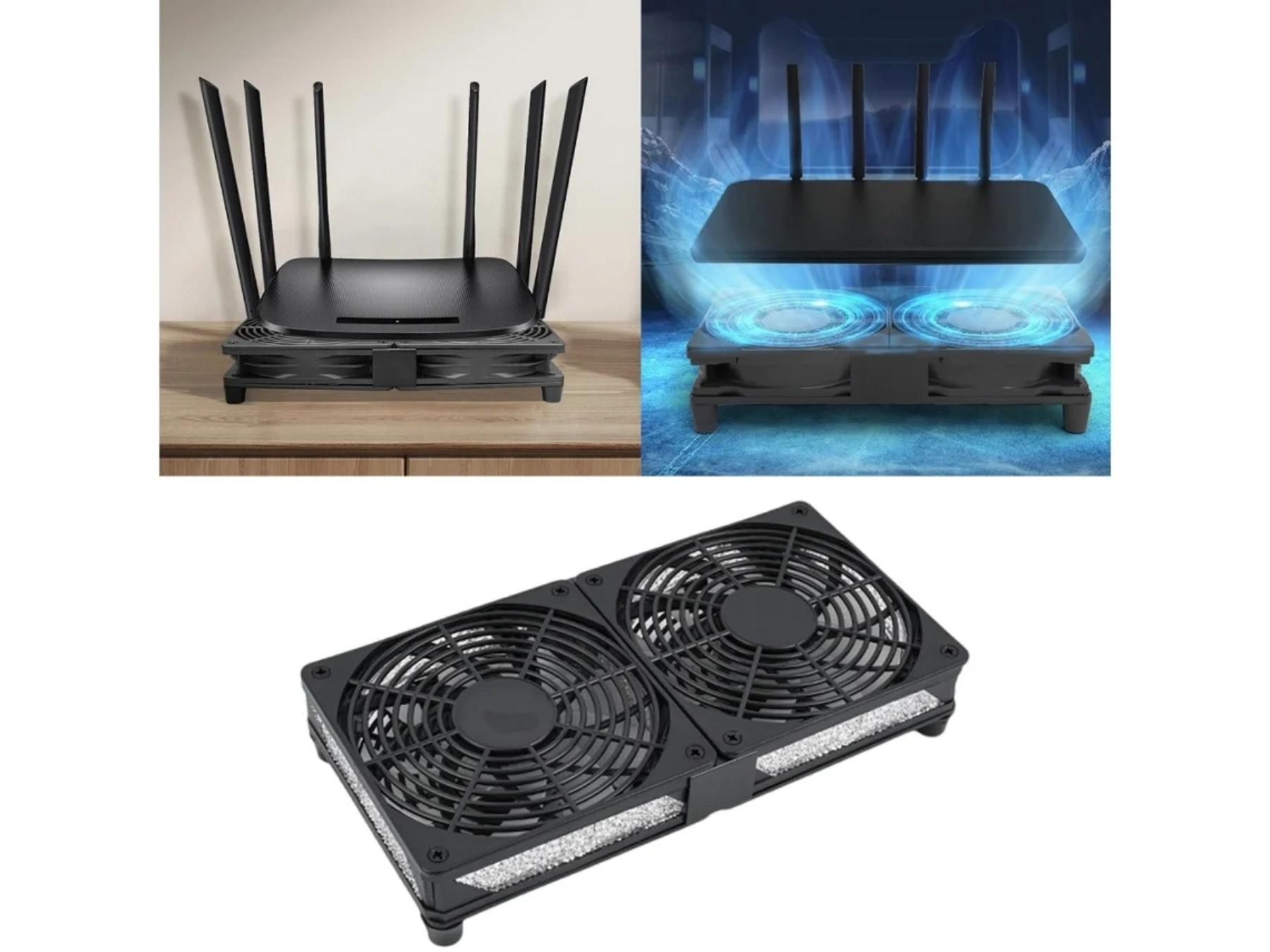 Ein schwarzer Router ruht auf einem zweifachen Lüfterständer, der daneben steht.