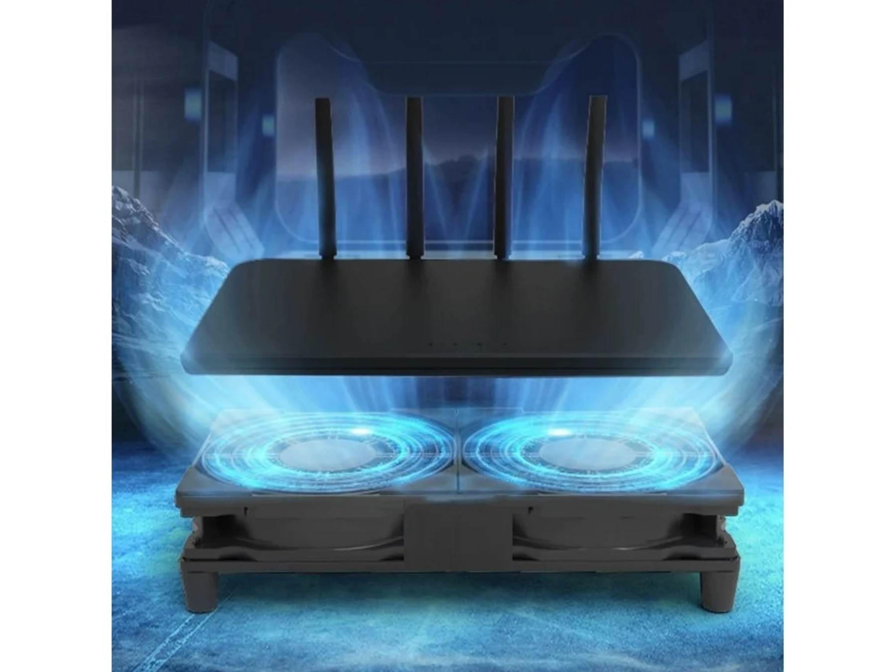 Ein schwarzer Router mit vier Antennen ruht auf einem Lüfterständer mit blauer Beleuchtung.